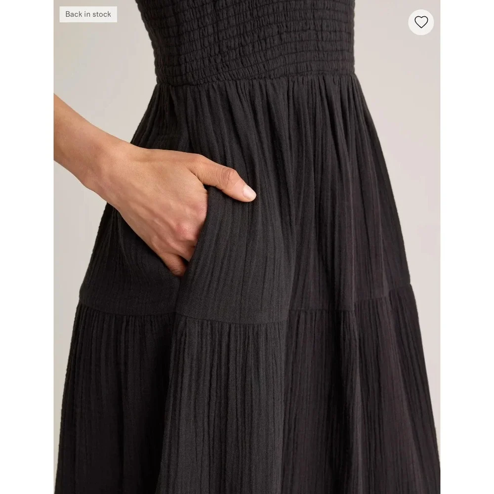 Quince Organic Cotton Gauze Smocked Maxi Dress Black Small